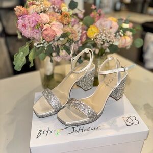 Betsey Johnson Bridal Platform Heeled Sandals with Glitter Finish